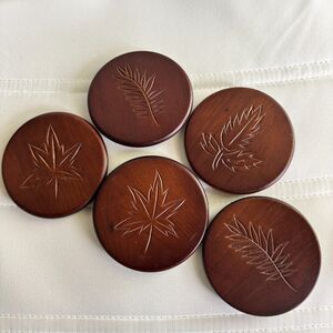 Set Of 5 Hausenware Dark Grain Leaf Carved Wooden Drink Coasters #H